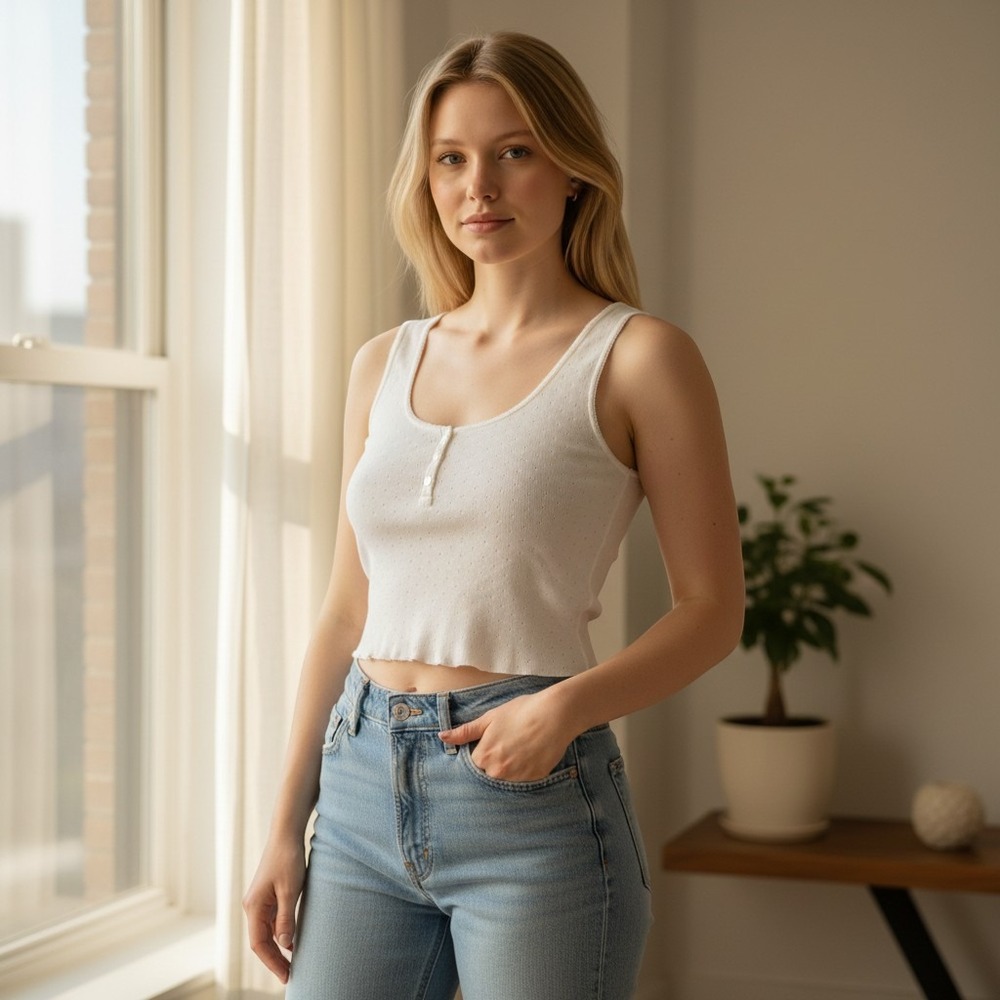DKNY Y2K Jeans White Pointelle Knit Henley Crop Tank Lettuce Edge Made in UK M/L